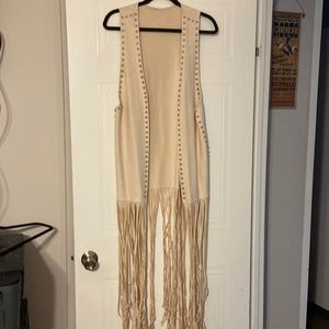 Off white suede like best with long fringe